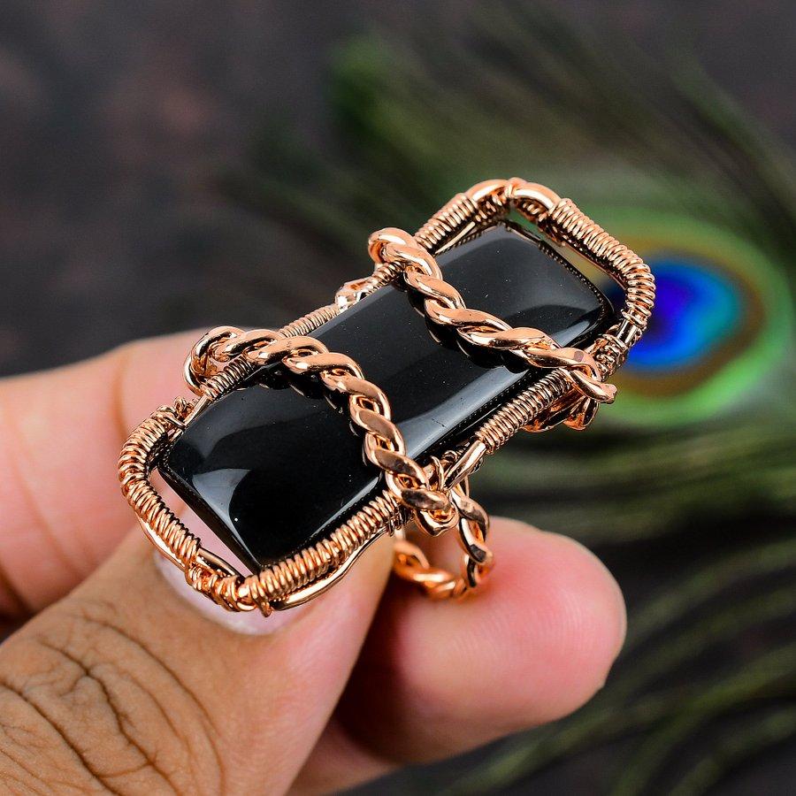 Schwarzer Onyx Handgefertigter Kupferdraht Wickel Schmuck Ring Größe 5.5 j9Y68