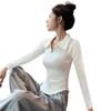 Women's Stylish White Collar Polo Long Sleeve Slimming Base Layer Top for Spring/Autumn