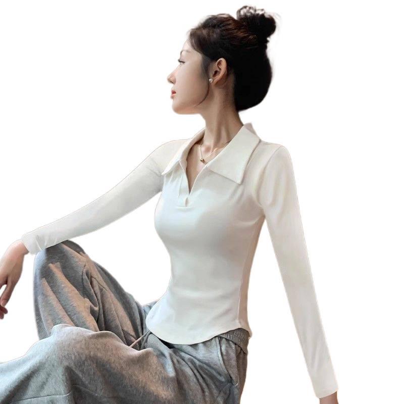 Women's Stylish White Collar Polo Long Sleeve Slimming Base Layer Top for Spring/Autumn