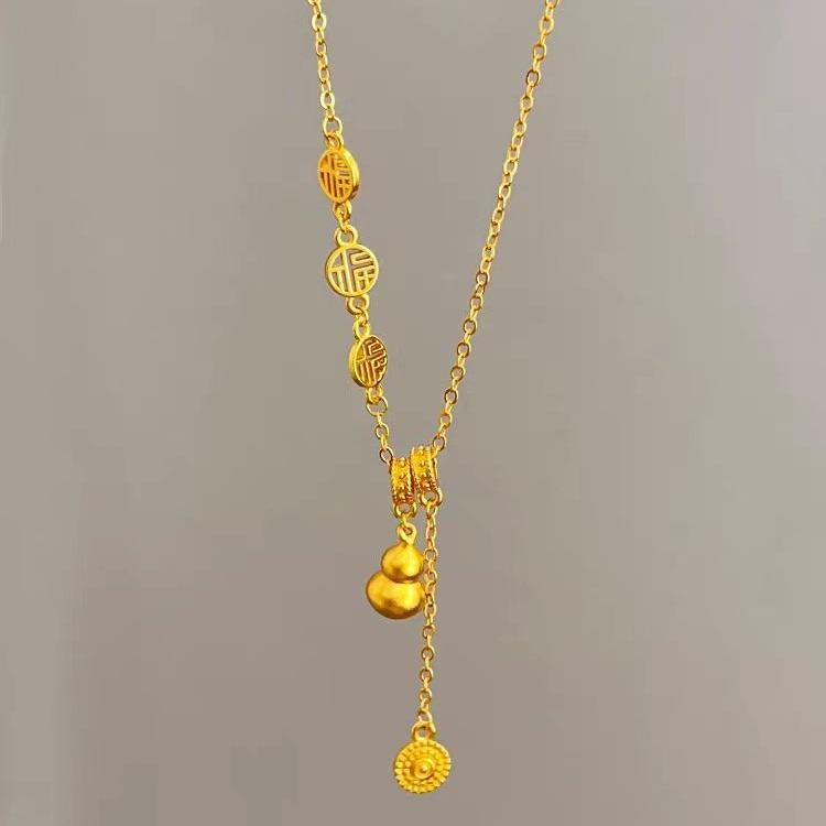 Golden Ruyi Gourd Necklace: Auspicious Fu Character Pendant Clavicle Chain - Perfect Gift for Girlfriend