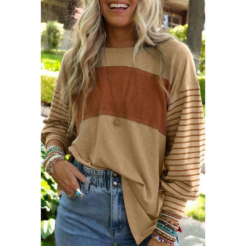 Polyester Striped Casual Long Sleeve T Shirt For Women With Color Block Design For Spring