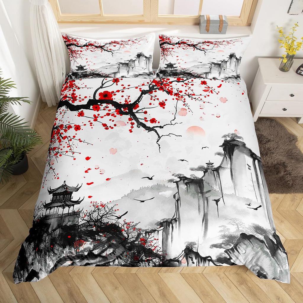 Pink Cherry Blossom Three-Piece Spring Flower Duvet Cover Girl Room Decoration Bedding