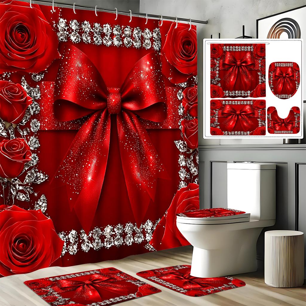 4Pcs Shower Curtain Set with Non-Slip Bath Mat, Toilet Lid Cover, Contour Rug & 12 Hooks, Bathroom Decor