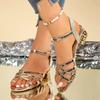 Fashion Elegant Golden Ankle Strap Sandals Women 2025 Open Toe Med Heels Summer Party Shoes Ladies Plus Size 35-43 Cross Band Sandalias