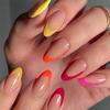 Secret Lives Glossy Reusable Artificial Almond Shape Translucent Skin Color with Red Pink Orange & Yellow Tips Design Press On Nails 24 Pieces Set