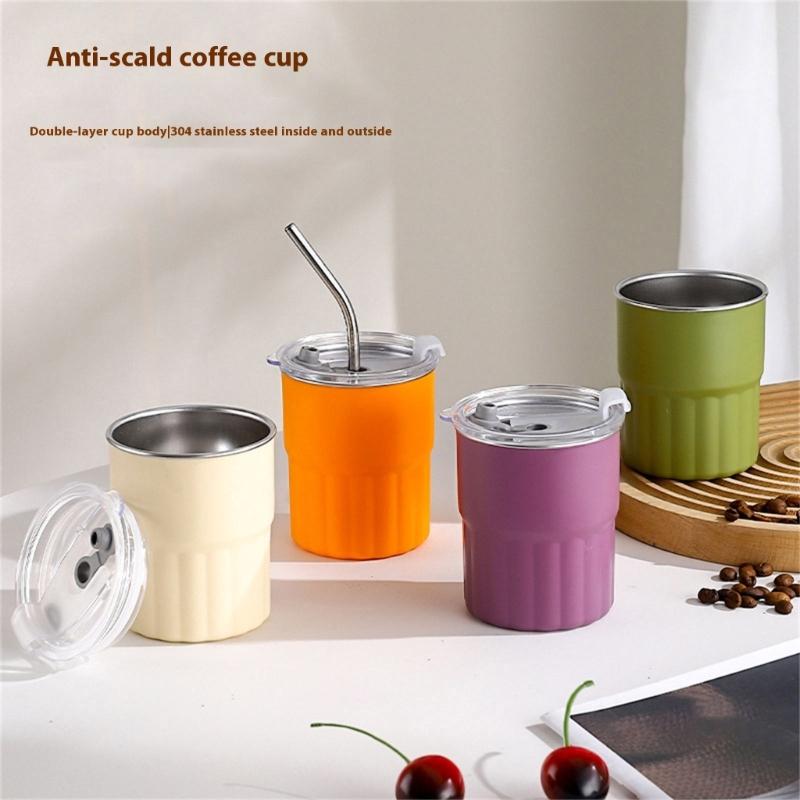 2pcs 304 Stainless Steel Cups Stackable Metal Cold Water Glasses Double Walled Drinking Cup with Straw and Lid