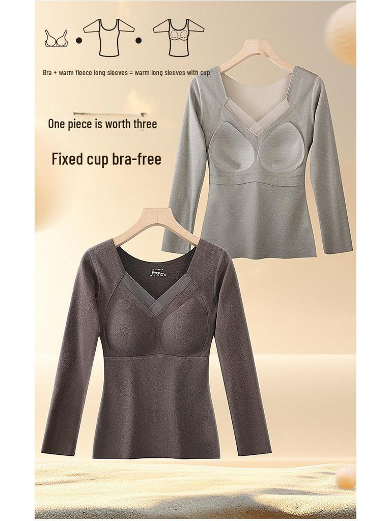 Women's Double-Sided Velvet Self-Heating Top with Fixed Cups, Thickened Waist, Long Sleeves - Warm Autumn Shirt.