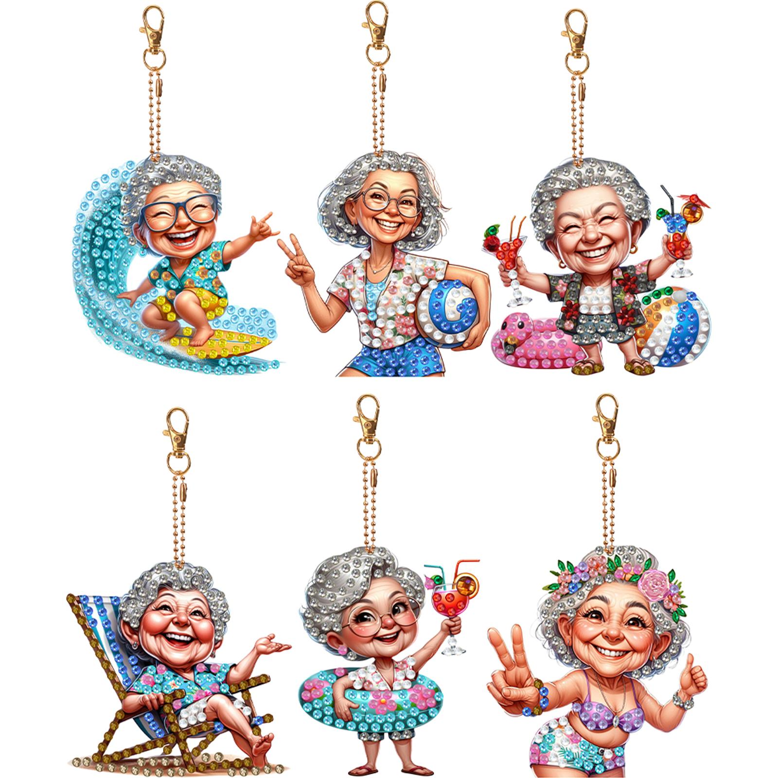 

6Pcs Double Side Optimistic Old Lady Diamond Painting Keychain Rhinestone Painting Keychain Pendant for Beginners Adults