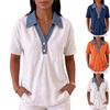 Damen Freizeit Denim Kragen Patchwork Leinen Baumwolle Hemd Top Kurzarm Knopfleiste Leicht Atmungsaktiv Sommer Bluse
