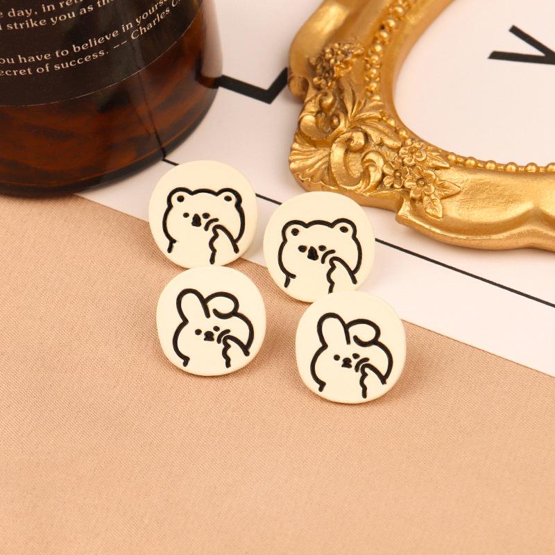 925 Silver Needle Creamy White Teddy Bear & Rabbit Stud Earrings - Simple, Versatile, Girlish Niche Design (B492X)