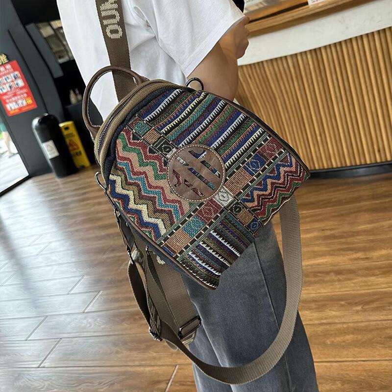 XDLM Ethnic Embroidered Canvas 3-Way Backpack
