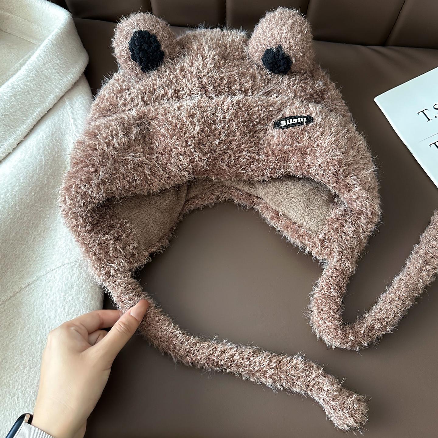 

Cute bear plush knitted hat, children s season plush to keep warm, show the face, small and versatile ear protectors One size fits all темно-коричневого кольору