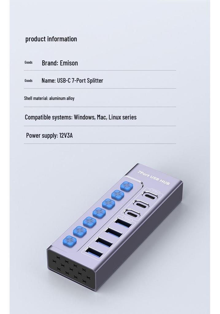 USB 3.0 7-Port Hub Splitter 10Gbps Docking Station with Independent Switches