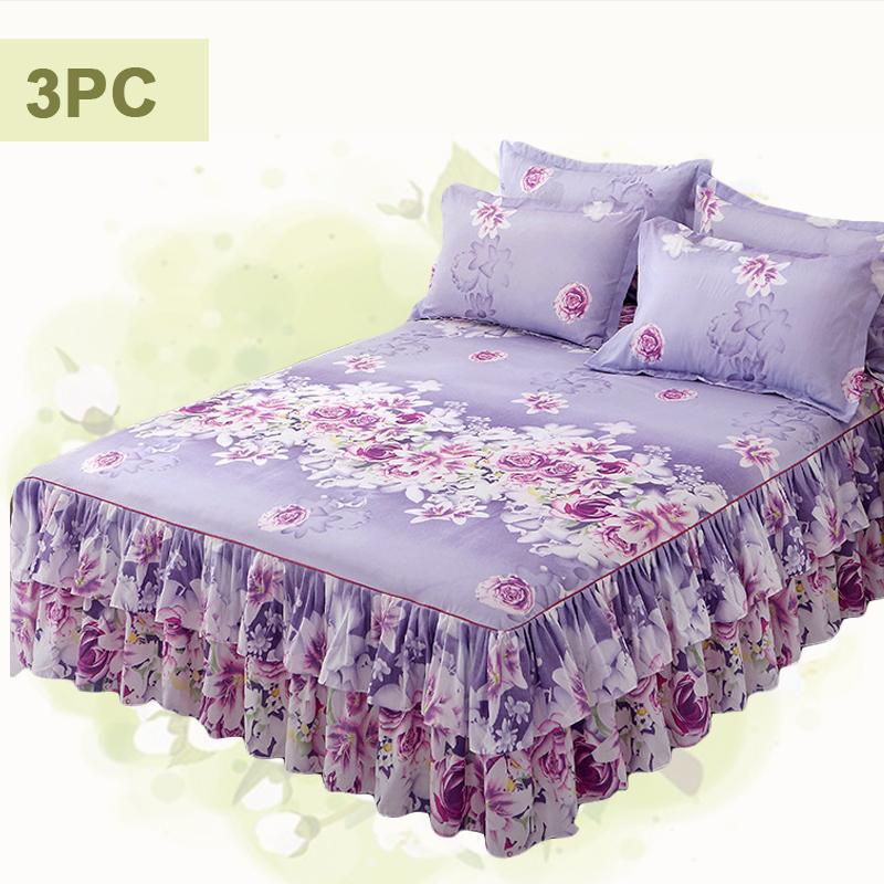 3pc Tropical Floral Bed Skirt Set Includes 1Non-slip Lace Bed Skirt And 2 Decorative Pillowcases All-season Polyester Bedding Ruffles Machine Washable