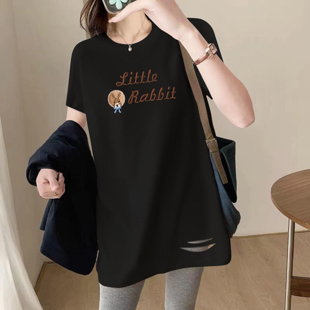 

White cotton ripped t-shirt women s 2025 summer new short-sleeved medium and long loose and thin butt-covering top tide XXXL