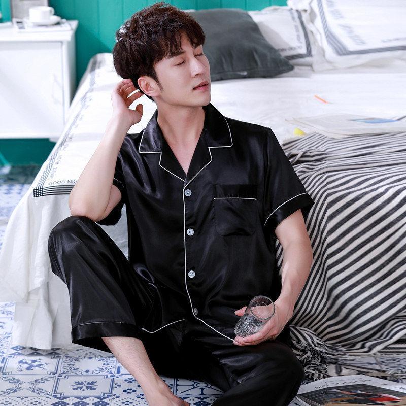 GMXIA Spring and Autumn Men's Pajamas, Long Sleeves and Long Pants, Thin Ice Silk, Teen Home Wear, Silk Set, Plus-size