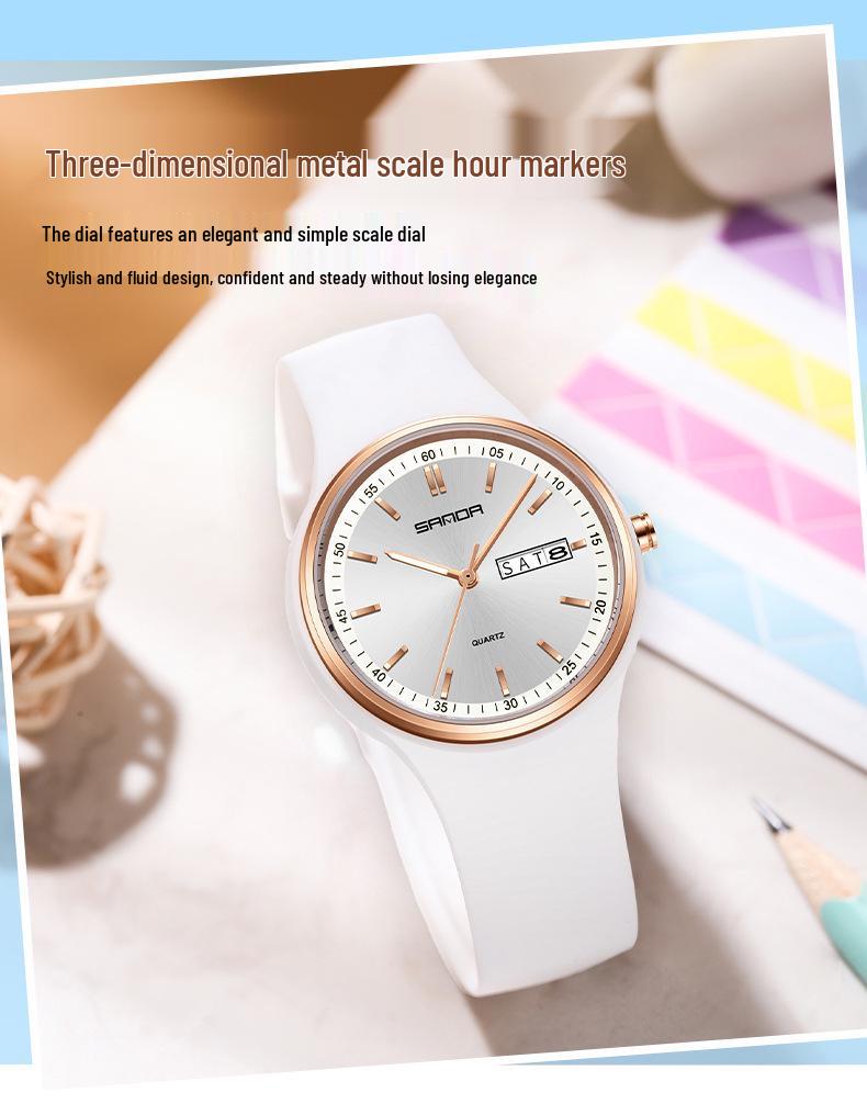 Sanda Unisex Quartz Watch with Calendar, Fashionable Silicone Waterproof Wristwatch for Teens