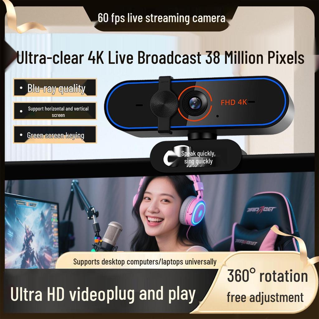 4K Ultra HD 60fps Streaming Camera with USB & Microphone for Desktop/Laptop