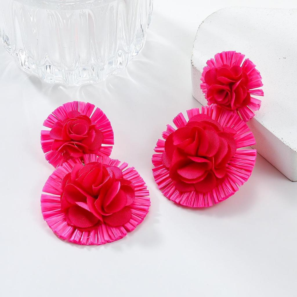 Trendy Floral Raffia Earrings - Exaggerated European & American Style for Women