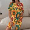 Women Plus Size Floral Printed Round Neck Short Sleeve Longline Top Fitted Shorts Two Piece Set