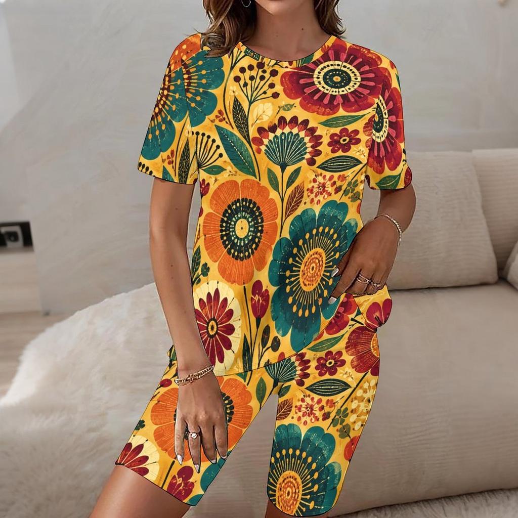 Women Plus Size Floral Printed Round Neck Short Sleeve Longline Top Fitted Shorts Two Piece Set