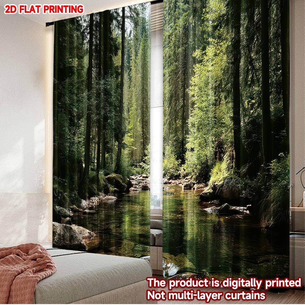 

2D flat printing 2pcs Popular Christmas curtains Forest River Scene Digital Printed Polyester Drapes Durable Party & Holiday 100*130 Rod Pocket 1pcs