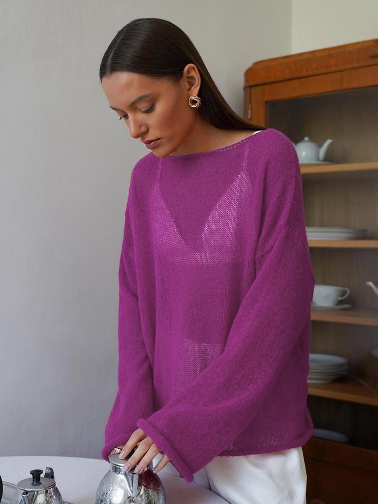 European-American Thin Round Neck Bell Sleeve Knitted See-through T-shirt (Spring/Summer 2025 Collection)