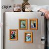 Cat Pattern Magnet Decor Oil Painting Refrigerator Magnet, Wooden Frame Black Decorative Fridge Magnets Theme Retro Rectangle Magnetic Decoration