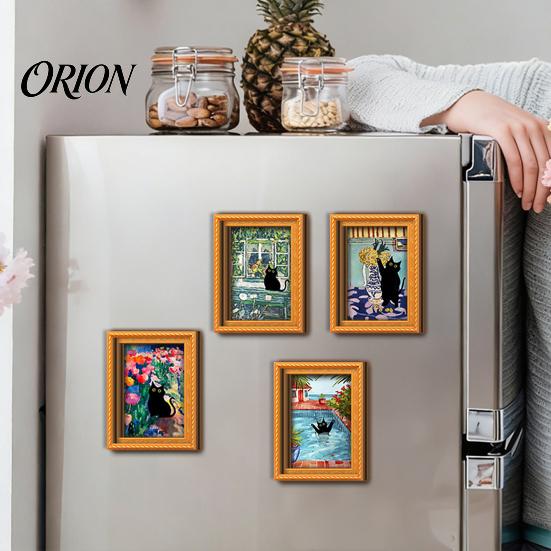 Cat Pattern Magnet Decor Oil Painting Refrigerator Magnet, Wooden Frame Black Decorative Fridge Magnets Theme Retro Rectangle Magnetic Decoration