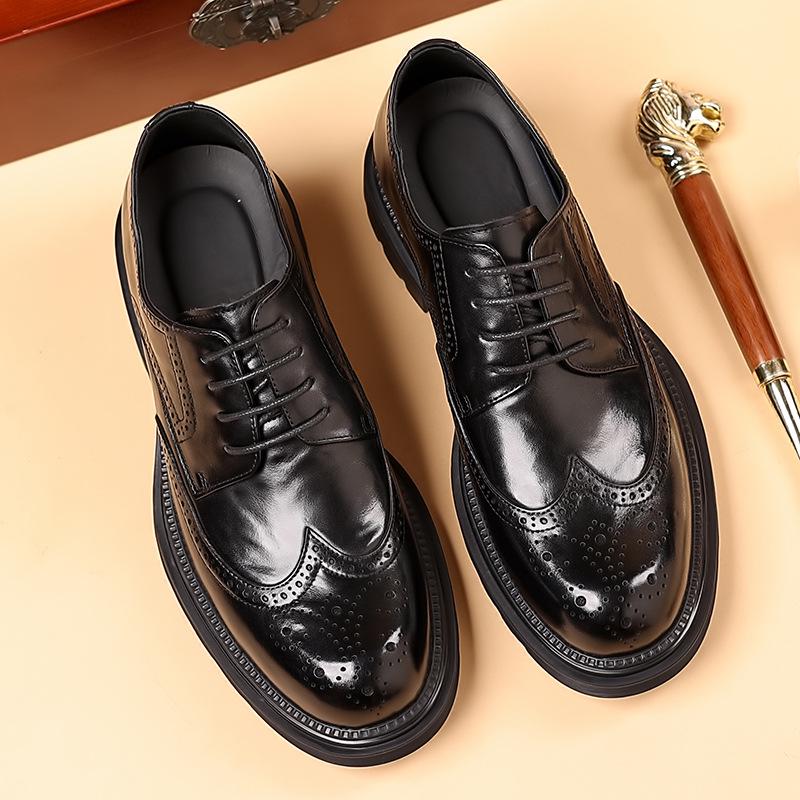 Men's Genuine Leather Brogue Shoes - Formal, Trendy High-end British Style with Thick Soles