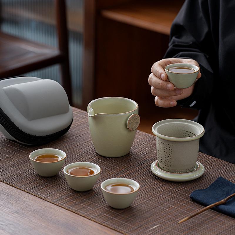 Compact Ru Kiln Travel Tea Set: Portable Quick-Brew Teapot & Teacups for One