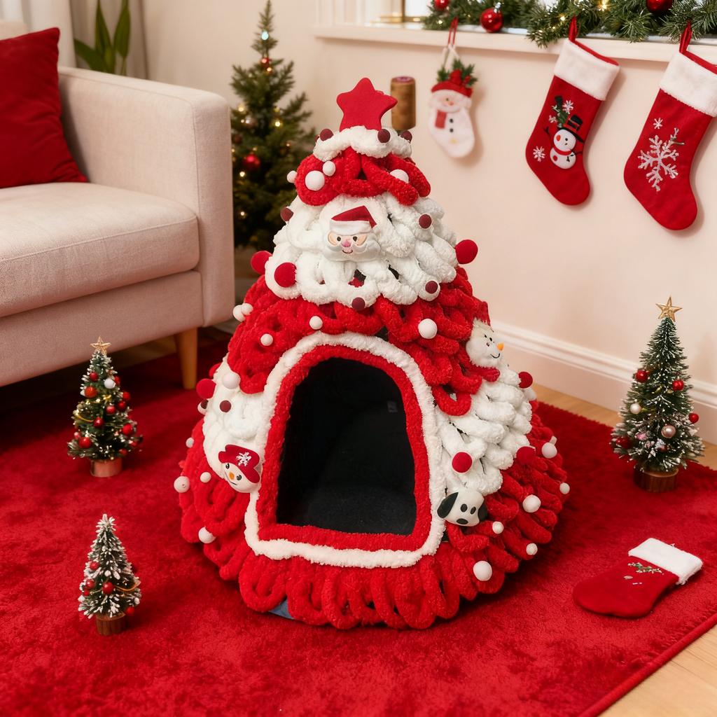 Handmade Christmas Tree House, Winter Warmth Indoor Bed with Random Decorations - No Included -Perfect Gift for S and Small Dogs