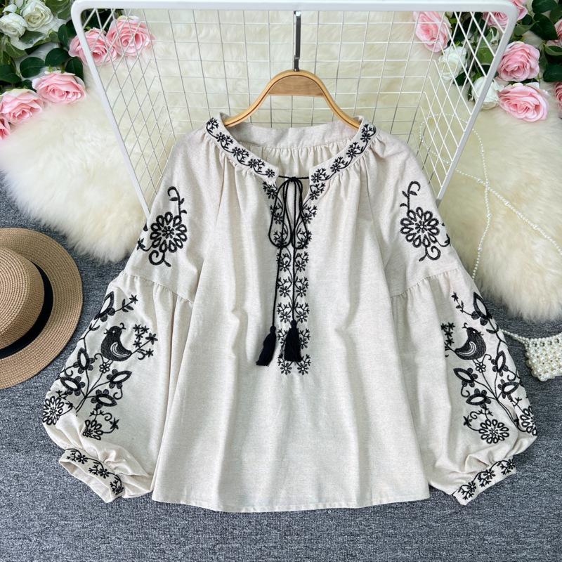 

Женская винтажная вышитая блузка в этническом стиле с кисточками и завязками на шее, свободный топ с рукавами-фонариками для отпуска 2XL абрикосовый