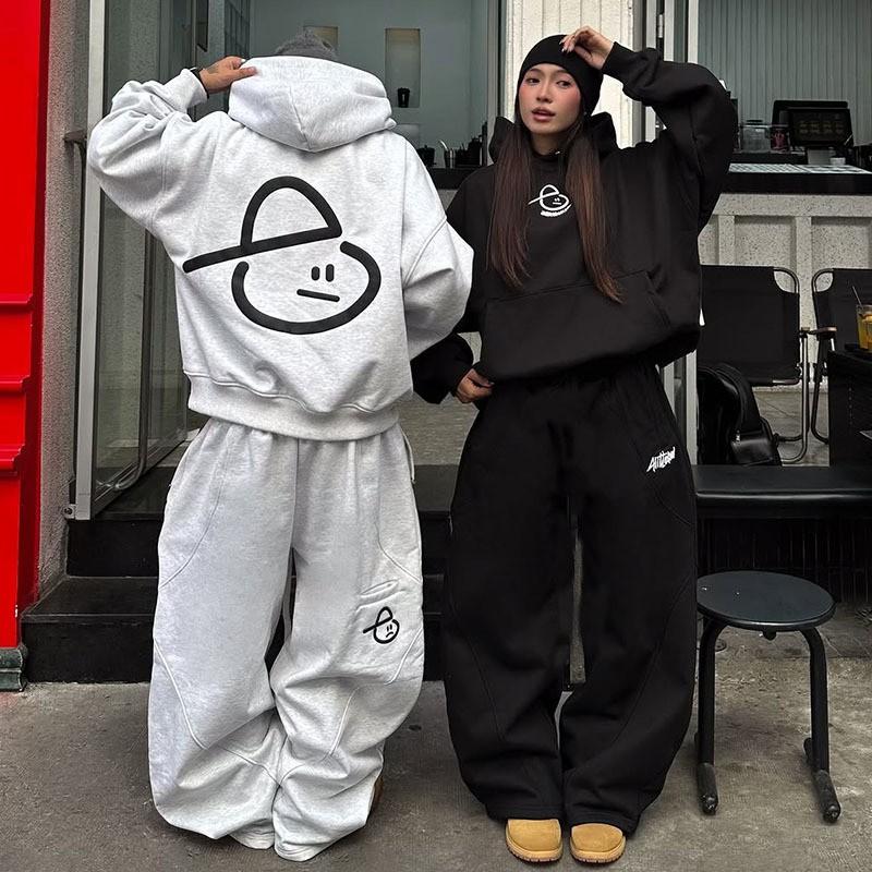 Korean Style Cartoon Print Hoodie Sweatshirt Loose Jogger Pants Set Men Women