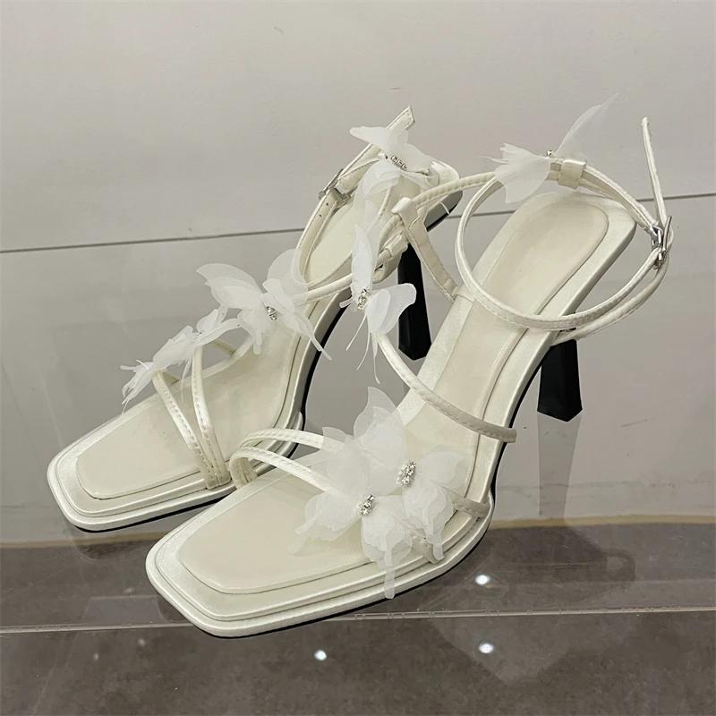 Summer Square Toe Thin High Heels Women Sandals Sexy Butterfly-knot Narrow Band Shoes Pole Dancing Sandalias Dress Pumps Women