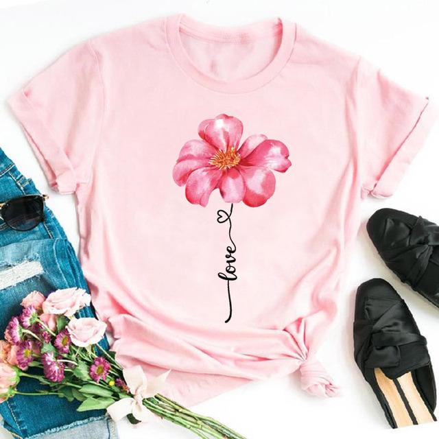 New Fashion Women Black T Shirt Friends Gift Flower Love Print Cute Tee Shirt Female Harajuku Tops Woman Short Sleeve T -Shirts