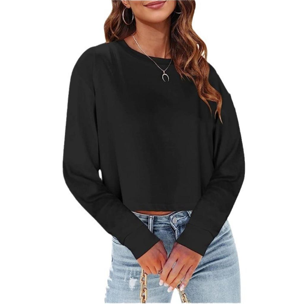 Damska bluza oversize z okrągłym dekoltem, krótka, kolorowa, casualowy top