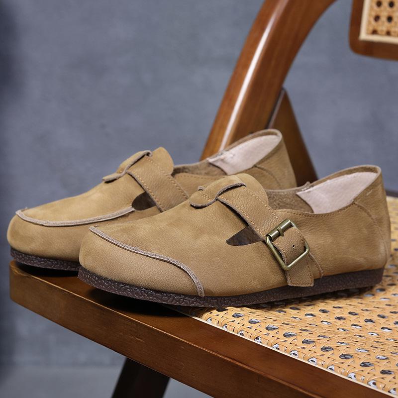 Handmade Genuine Leather Retro Style Women's Round Toe Flat Heel Single-Strap Shoes