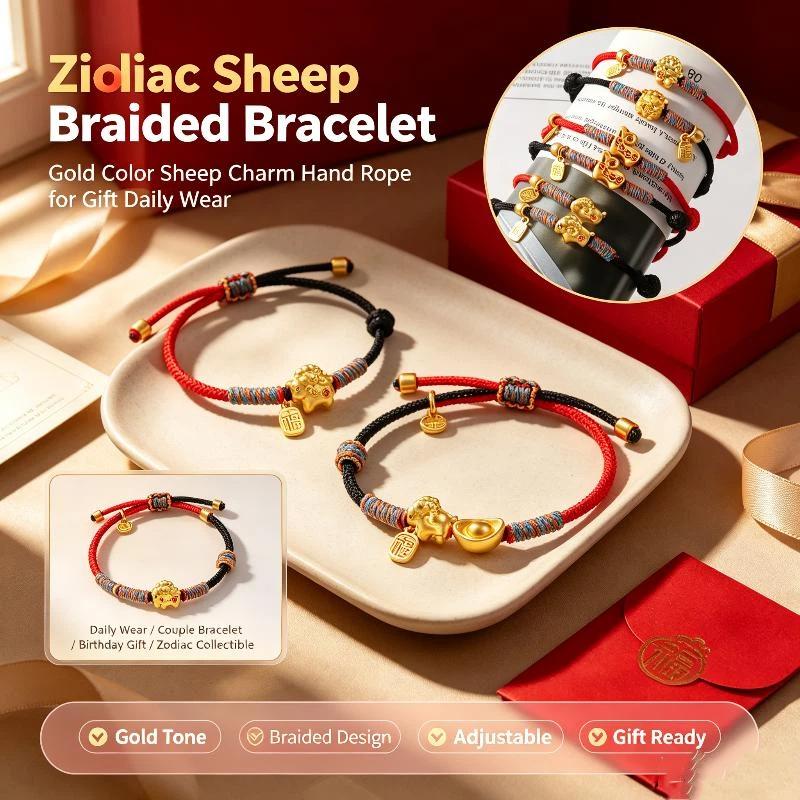 Adjustable Zodiac Goat Braided Bracelet Gold Plated Charm  Braided Rope Bracelet  Chinese Style Beads Womens