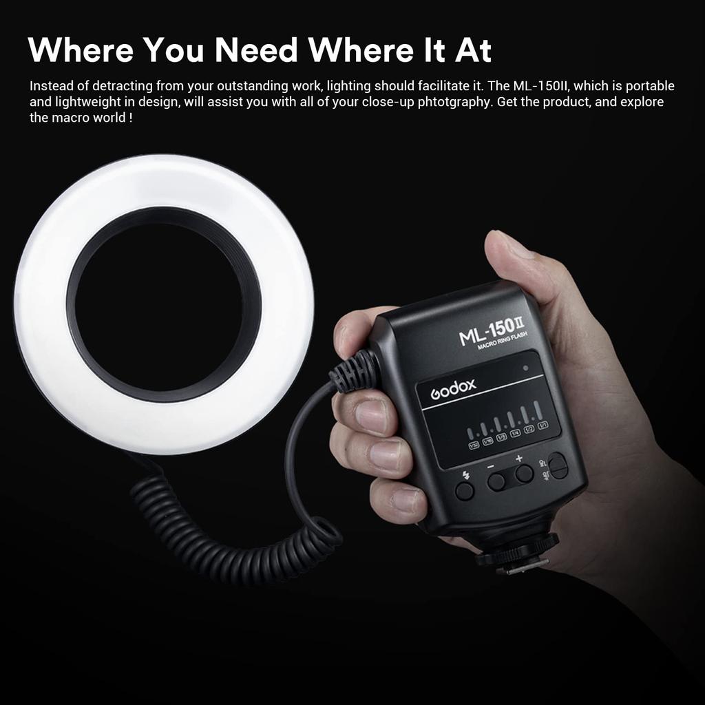 Godox Makro-Ringblitz Recycle 5800K Speedlite mit 8 Objektivadaptern Kompatibel mit und Panasonic ML-150II Blitz, Leitzahl 12, 0,1-2s Zeit, Ringe, Nikon, Sony,