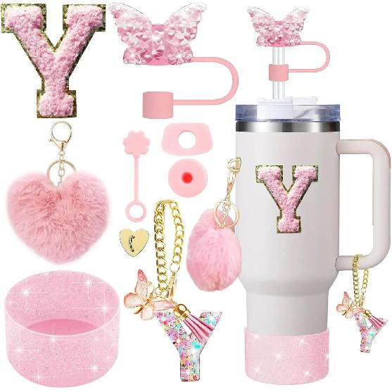 9PCS Accessory Set for Stanley Cup 30oz 40oz Butterfly Straw Cover Cap Silicone Boot Charm Initials Sticker Spill Proof Stopper Cup Holders 5