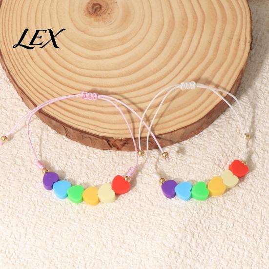 Dainty Trendy Gift for Her Colorful Hearts Bracelet, Handmade Braided Cord String Adjustable Boho Style Woven Bracelet Heart Shaped Clay Beads Jewelry