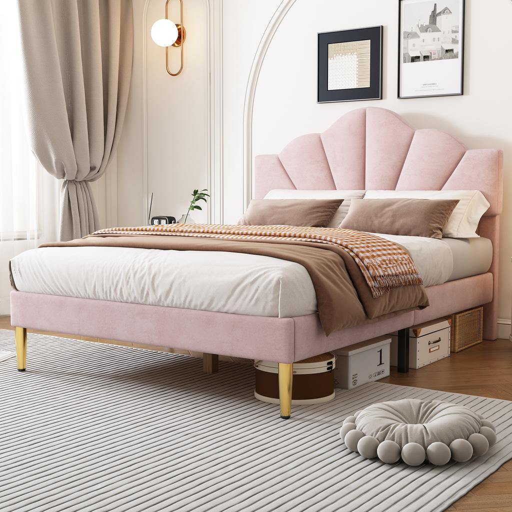 Velvet, upholstered bed, 140*190 cm, double bed, shell-shaped bed with gold iron legs, height-adjustable headboard, wooden slatted base, pink