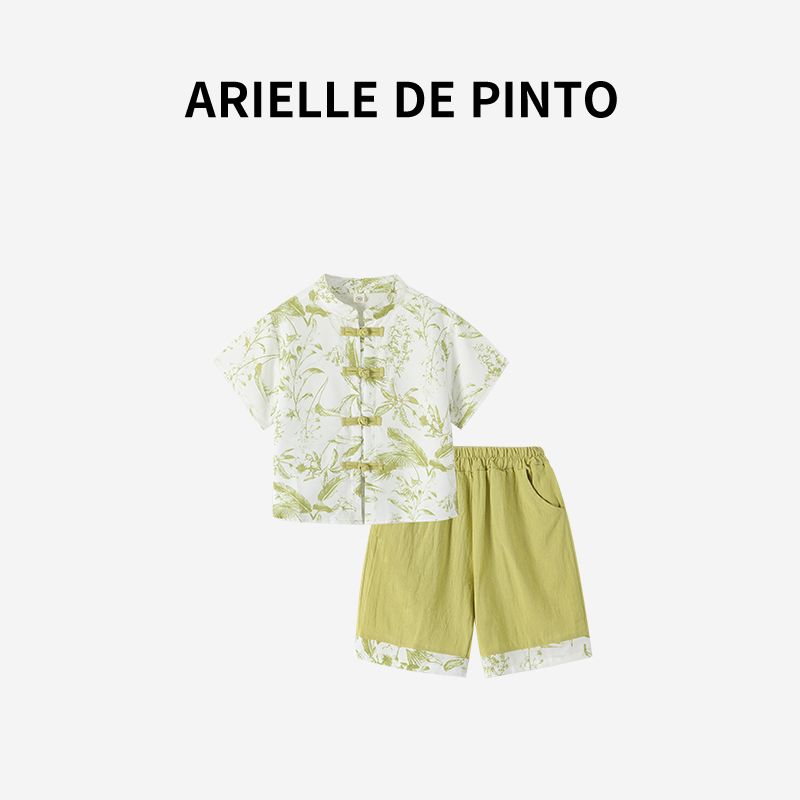 French Arielle De Pinto Boys  Summer Outfit Set, Fashionable and Stylish Chinese Style Hanfu Two-Piece Set Green 150
