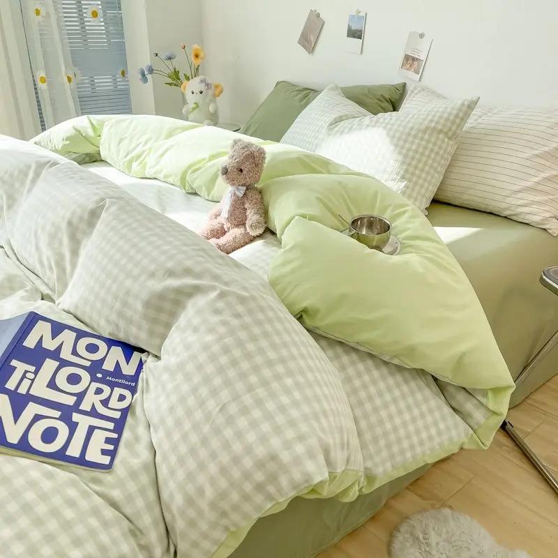 INS Plaid Bedding Set Pink Green Bed Linens Nordic Duvet Cover Pillowcase Queen Size Flat Sheet Adults Kids Bedclothes