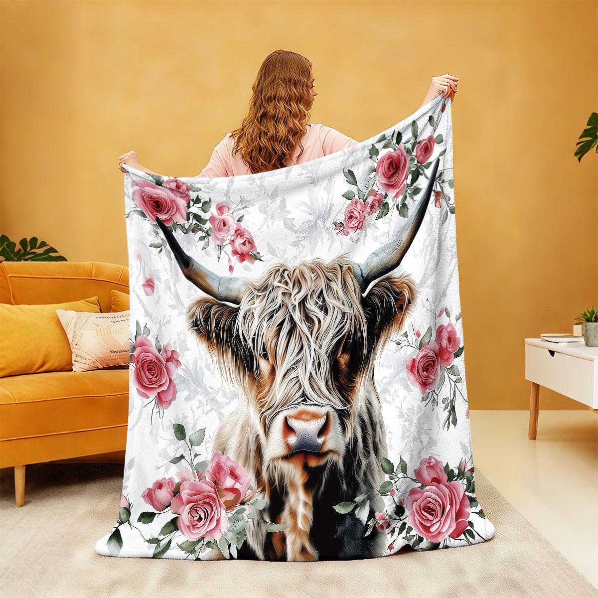 

1pc Floral Highland Cow Print 230 Flannel Blanket In Multiple Sizes, Soft And Comfortable Sleeping Blanket, Machine Washable 75cmx90cm