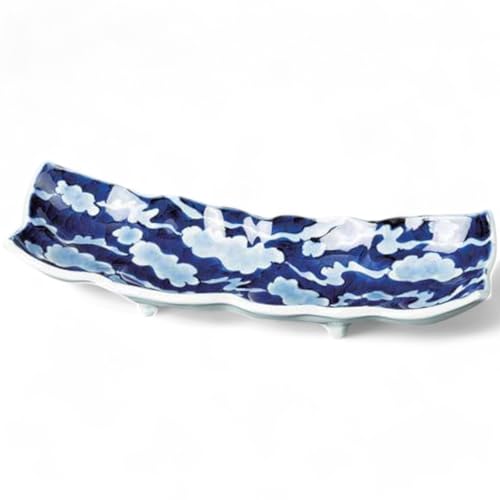 Takumifu Arita Ware 34cm Plate, Blue and White Ukigumo Naburi Four-Legged Rectangular Plate, Made in Japan