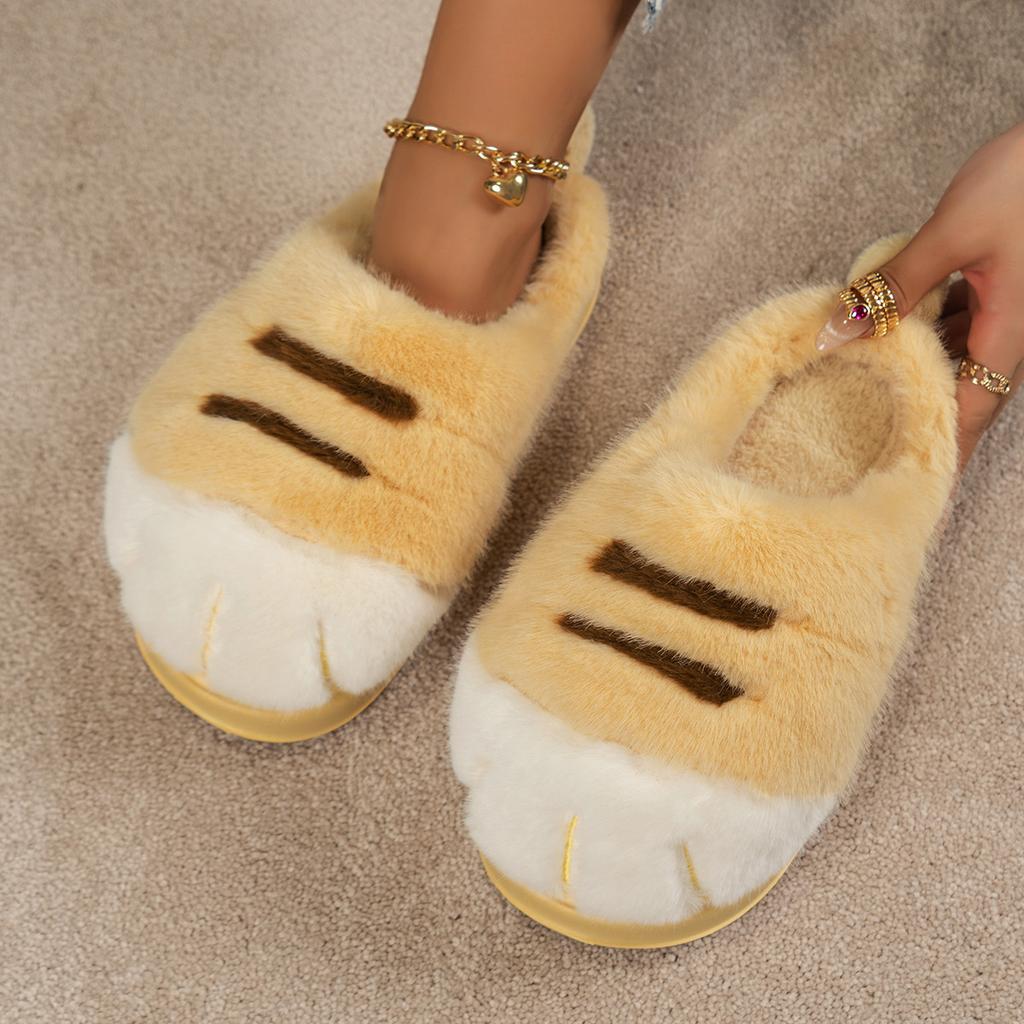Fashion New Furry Kitty Cat Paw Slippers Woman Warm Winter Home Mules Slides Ladies Fuzzy Slippers Funny Fluffy Animal Claw Indoor Shoes