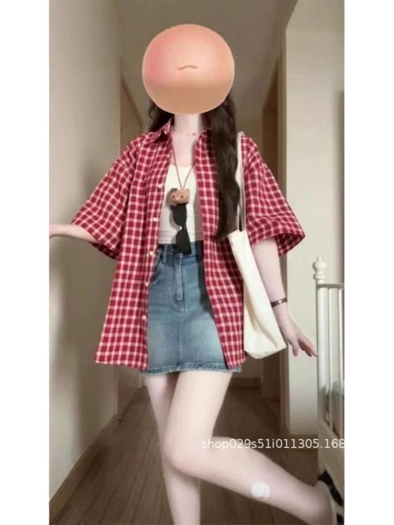 Women's Red Plaid Short-Sleeve Polo Collar Shirt - Summer Loose-Fit Casual Cardigan Top, Versatile Style