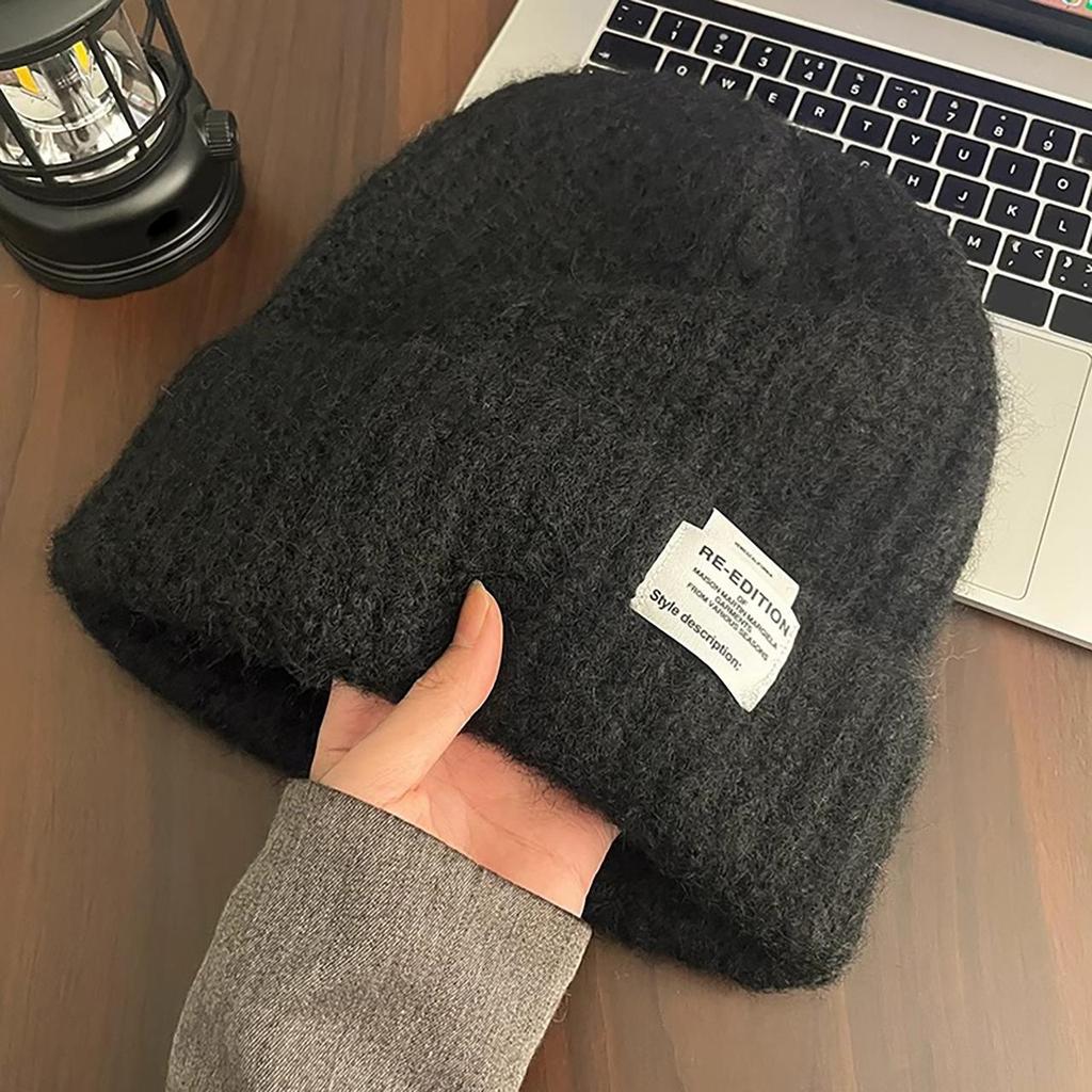 Winter Warm Wool Knitting Cap for Women Solid Color Elastic Ear Protection Fashion Label Beanies Korean Girl Simple Pullover Hat